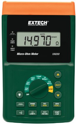 Extech Mikroohmmeter, 1 Stück, UM200 | Auflösung 1 uOhm, 4-Leiter-Kelvin-Leitungen, 10A Teststrom, 6 Bereiche, speichert 3000, HI/LO-Komp.