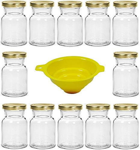 Viva Haushaltswaren - 12 x Gewürzgläser / Einmachgläser 150 ml mit goldfarbenem Verschluss, runde Twist off Gläser als Marmeladengläser, Glasdosen & Vorratsdosen verwendbar (inkl. Einfülltrichter)