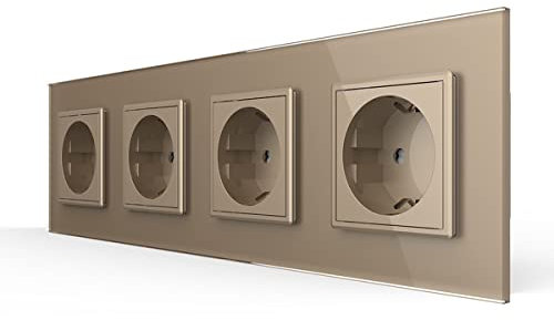 LIVOLO Steckdose Glasrahmen 4 Fach VL-C7C4EU-13 Gold Schutzkontakt mit Kindersicherung Panel aus Kristallglas EU Standard Wandsteckdose
