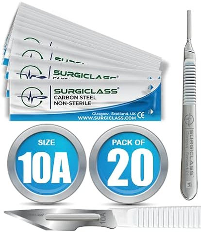 Scalpel Blades # 10A Carbon Steel Non Sterile Scalpel Surgical Blades Pack of 20 and Steel Handle for Wood Art, Surgical, Sculpting, Repairs, Lab Anatomy, Sign, Card Making Lab Training SURGIBL10A-20