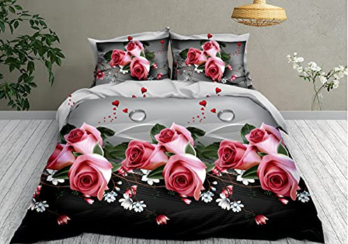 THL 4 Pcs Complete Bedding Set 3D Design Floral Printed Duvet Cover with Fitted Sheet Pillowcases (Pink Flower 355, Super King)