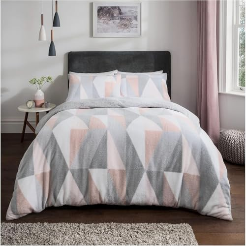 Sleepdown Bettwäsche-Set mit Kissenbezügen, geometrisches Teddy-Fleece, wärmend, kuschelig, superweich, King-Size-Größe (220 x 230 cm), Polyester, Blush Pink Geo