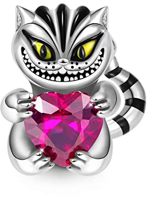 GNOCE Charm Perle Grinsekatze umarmt Herz Edelstein Charm aus 925 Sterlingsilber Schwarz plattiert für Armband Halskette Schmuck Geschenk für Damen (Grinsekatze)