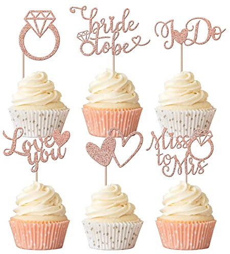 Rsstarxi 24 Pack Bride to Be Cupcake Toppers Glitter I Do Love You Heart Ring Miss To Mrs Cupcake Picks Bridal Shower Cake Decorations for Wedding Engagement Bachelorette Supplies Rose Gold