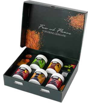 Fuchs Gourmet Selection Hot-Box-Geschenkbox – 5 scharfe Gewürzmischungen verschiedener Länderküchen - Von Amerika über den Orient bis nach Asien - Gewürze für Hobby- und Profiköche