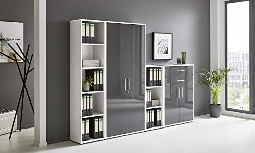 BMG Möbel Aktenschrank Office Edition Set 22, Büroschrank abschließbar mit Metallgriffen Made in Germany (Weiß/Anthrazit Hochglanz)