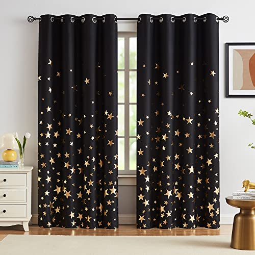 Stern-Verdunkelungsvorhänge für Kinderzimmer, Schwarz, wärmeisoliert, metallisch, goldfarben, Stern, bedruckt, 100 % echte Verdunkelungsvorhänge für Baby-Kinderzimmer, Ösen, Gold,Schwarz