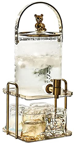 lesulety 3 Liter Kristall-Getränkespender,Wasserspender,Outdoor-Glas-Getränkespender, Glaskaraffe Mit Zapfhahn,Getränkespender Kühlschrank,Gold