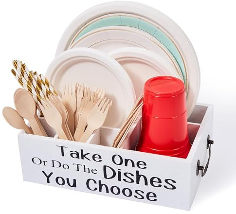 ACIAZAAZ Small Paper Plate Holder,Utensil Cutlery Caddy Organizer for Kitchen Countertop,Party,Picnic,Wood Silverware Dispenser For Cups Forks Spoons Plates Napkins,Coffee Station Organizer(White)