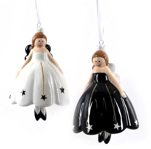 2 x Dekohänger Engel Keramik | schwarz weiß | Hänger Baumschmuck | 9 cm | Weihnachten Advent