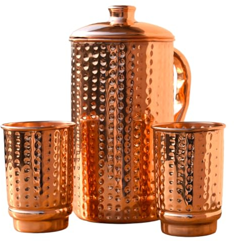 Pure Copper Hammered Water Jug With 2 Tumblers Set - Pitcher Holds 50.7 US Fluid Ounce - Embrace Health Benefits With Premium Copper for Refreshing Hydration and Holistic Living