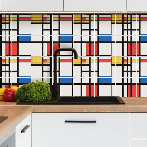 Fliesenaufkleber für Küche, selbstklebend, 15 x 15 cm, Set mit 20 Stück, Mondrian, Fliesenaufkleber, für Badezimmer, aus Vinyl, 100 % Französisch