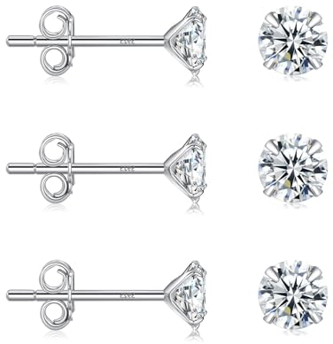 Ecripe 3 Paar 925 Sterling Silber Ohrringe für Frauen, Hypoallergen Cubic Zirkonia Ohrstecker Set, Komfortable Ohrringe Echt Silber Geschenk für Damen (Silber 4mm)