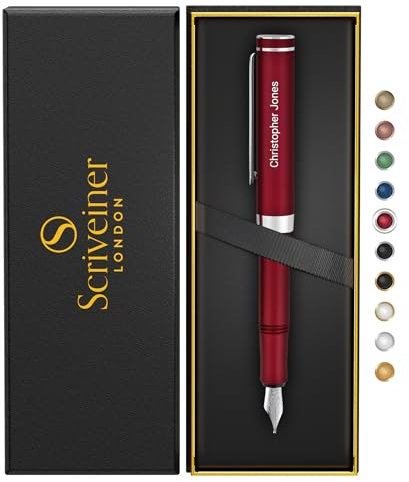 Scriveiner Personalisierter Luxus-EDC-Füllfederhalter (Medium), Umwerfender mattroter Taschenfüller, verchromt, Schmidt German Nib, Bestes graviertes Füllfederhalter-Geschenkset, Namensgravur