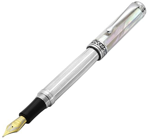 Xezo Maestro Füllfederhalter, mittelfeine Feder (0.45mm Linie), Geschenk des Schreibens Serie 925 Sterling Silber und weißes Perlmutt, handgefertigt, serialisiert