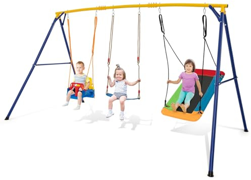 KOMFOTTEU 3 in 1 Kinderschaukel Set, Schaukelgestell mit Nestschaukel, Kinderschaukel & Babyschaukel, Gartenschaukel Schaukelgerüst mit Gestell, Spielgerüst für Kinder, Indoor & Outdoor