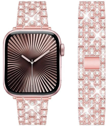 DEALELE Strap Compatible with Apple Watch 41mm 40mm 38mm, Bling Rhinestone Diamond Metal Replacement Bands for iWatch Series 9/8 / 7/6 / 5/4 / 3 / SE Women Men, 38/40/41mm, Rose pink