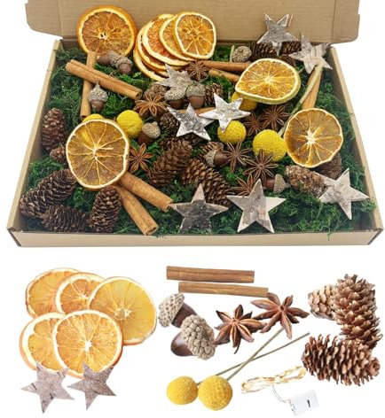 JINGTOPS 71 Pezzi Potpourri Natalizio, Decorazioni Corona Avvento, LED Frutta Secca per Decorazioni Natale, Corona Avvento Fai da Te, Pigne Naturali Arance Essiccate Decorative, Bastoncini Cannella
