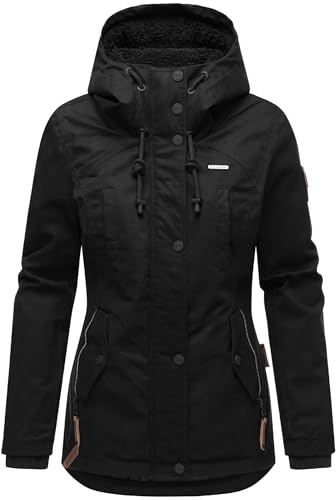MARIKOO Damen warme Winterjacke mit kuscheliger Kapuze Bikoo Black with black fur Gr. XL