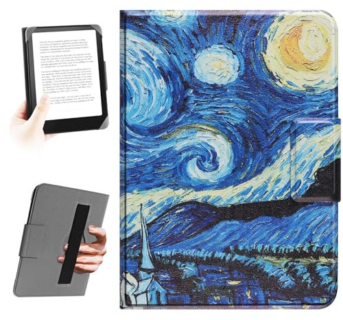HoYiXi Universale La Custodia per eReader da 6,8,7, Compatibile con Kindle Paperwhite, Colorsoft, Kobo, PocketBook, Tolino e Sony. corda a mano elastica Case per 6-7eReader,notte stellata