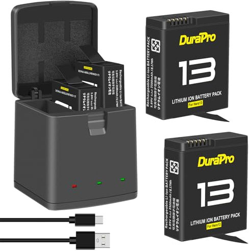 DuraPro 2X 2100mAh Akku+ LED 3-Slots Aufbewahrungsbox Ladegerät mit Typ C Port für Gopro Hero 13 Schwarze Kameras