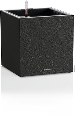 LECHUZA-Pflanzgefäß Canto Slatestone 30 Low LED Dark Grey, Pflanzgefäß mit Bewässerungssystem, Wasserstandsanzeiger und Pflanzeinsatz mit LED-Lichtband, Schiefer-Optik, 30 x 30 x 30 cm, 15933