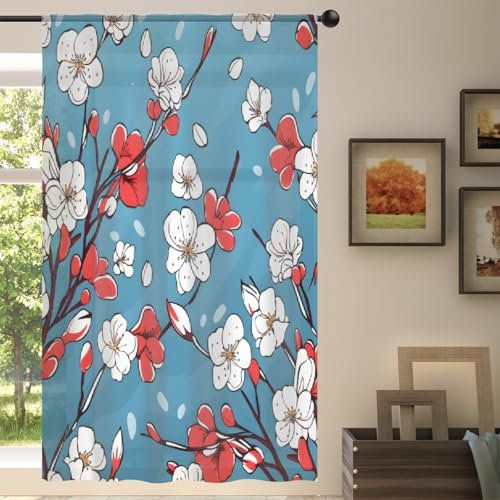 Mexpekil Rideaux en voile semi-transparent avec motif floral de cerisier japonais pour salon, chambre à coucher, cuisine, 140 cm de large
