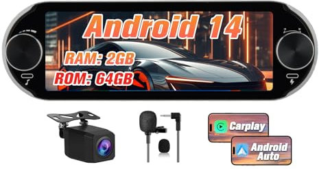 Hexinex Android 14.0 [2GB+64GB] Radio Coche 1 DIN Universal con Carplay y Android Auto Inalámbrico,Autoradio 1 DIN con Pantalla Táctil de 6.36” y Cámara Trasera, Admite WiFi/Bluetooth/FM,etc.