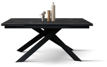 PAZZO DESIGN Table extensible Eugenio, plateau en céramique Calacatta noir Lux, pieds en métal croisés noirs, table de cuisine, table en céramique, 160 x 90 x h76 cm - id_2287