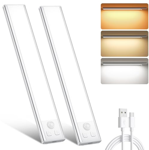 Ylatoial Under Cupboard Kitchen Lights, 2 Pack 20.5cm 3 Color Temperature | Dimmable Rechargeable Magnetic LED Lights Motion Sensor Lights Indoor for Cabinet