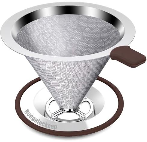 Roogaluckeep Pour Over Coffee Dripper, Stainless Steel Coffee Filter, Paperless Reusable Coffee Filter, Metal 600 Mesh Strainer Coffee Maker Single Cup Brewer 1-2 Cup