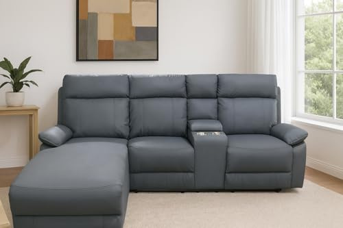 SERENOVA L-Shaped Recliner Corner Sofa with Chaise Lounge, Premium Anti-Scratch Leather, Built-in Cup Holders & Storage Console, Modern Reclining Sofa for Living Room Comfort & Home Cinema (Grey R)