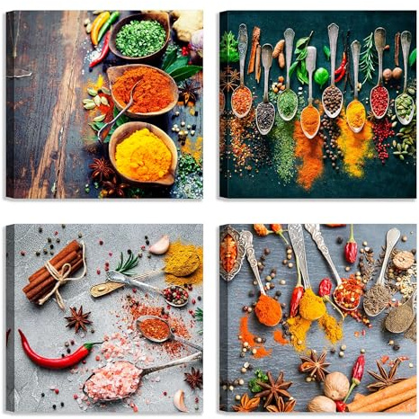 LuxHomeDecor Set di 4 quadri 30x30 cm - stampa su tela con telaio in legno – Spezie colorate in cucina: cucchiai con aromi, erbe, peperoncini