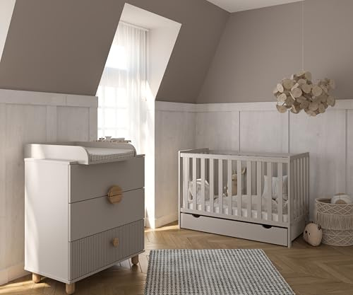 zee Bambi Kaschmir Babybett Set 120x60 cm mit Schublade & Barriere + Wickelkommode LOFT mit Wickeltisch Babyzimmer Möbel Set Kinderbett Umbaubar zum Juniorbett Baby Bed Robustes Gitterbett