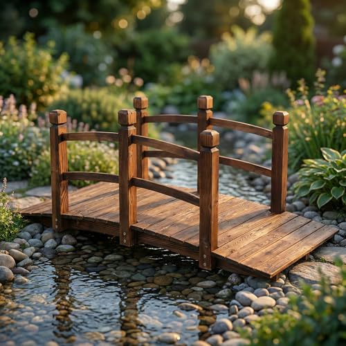 5ft Arched Garden Bridge, Carbonized Wood Footbridge with Safety Side Rails, Decorative Landscape Bridge for Pond, Backyard, and Creek Walkway, 500lbs Capacity, Rustic Brown