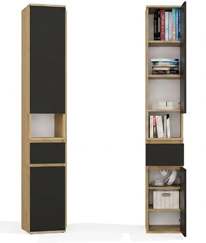 BDW Lior Badezimmerschrank 2D1S, Eiche Artisan und Schwarz, Spanplatte, 30x35x202,5 cm, Modernes Loft-Design, mit Schublade und Regalböden, für Badezimmer, Flur und Wohnzimmer