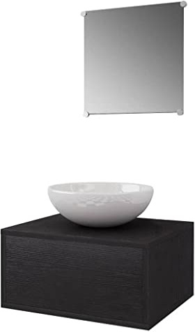 GeenYuu Set di 3 mobili da bagno nero con lavandino, mobiletto sottolavabo, specchio, accessori di montaggio, compatto, in legno, ceramica, montaggio a parete, per bagno e camera degli ospiti