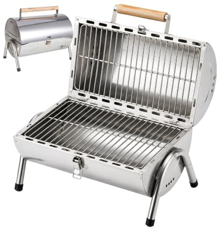 Relaxdays Table Grill, 2 grill plates 34×21.5cm, stainless | camping & outdoor, foldable grill & smoker, wooden handle