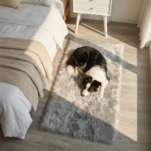 Mishukaze Plüsch-Teppich aus Kunstschaffell-Ultraweicher,Flauschiger Bettvorleger,maschinenwaschbar,seidiger Hochflor-Teppich für Schlafzimmer und Wohnzimmer,Gray 60x110