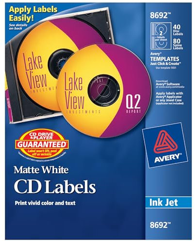 Avery CD Etiketten weiß matt 40 Disc-Etiketten und 80 Rückenschilder (8692), 4,5/8 Zoll