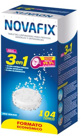 Novafix - Tabletas Limpiadoras Triple Acción - Para prótesis dentales y aparatos de ortodoncia - Caja con 104 unidades (formato económico)