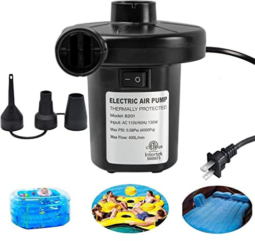 BOMPOW Pompe à air électrique pour gonflables avec 3 buses, pompe électrique pour matelas pneumatique, pataugeoire, bouée, tube à neige avec prise britannique à 3 broches, AC 230 V/130 W