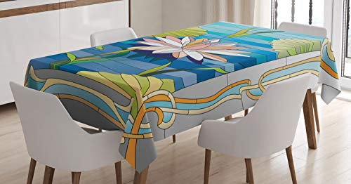 ABAKUHAUS Jugendstil Tischdecke, Buntglas Lotus, Personalisierter Druck mit Klaren Farben Waschbar Wasserfest kein Verblassen, 140 x 240 cm, Aqua Grün