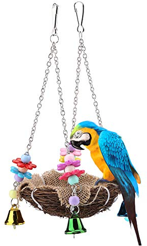 Natürliche Rattan Vogelnest Papagei Käfig Hängematte Hängende Schaukel Spielzeug mit Glocken für Ara African Grey Wellensittich Nymphensittich Lovebird Finch(Small)