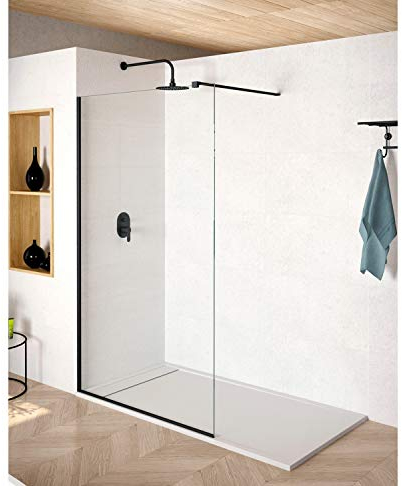 Mampara de Ducha FIJA FRONTAL NEGRA Málaga – Panel Pantalla Fijo TRANSPARENTE – 200cm Altura - Cristal Templado antical y 8mm de espesor Varias Medidas Disponibles – Negro, 60 cm (1 fijo)