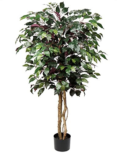 Briful Kunstbaum Ficus Benjamini Künstliche Pflanze Baum Kunstpflanze Groß mit Echtholzstamm Ideal für die Innendekoration Grün Rot