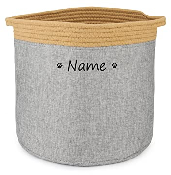 TONYFY Zusammenfaltbar Aufbewahrungsbox Korb mit Personalisiertem Namen, Rechteckige Aufbewahrungsbox für Hundespielzeug, Hundemäntel, Hundebekleidung und Katzen Hunde Zubehör (Pfote Gelb Grau)