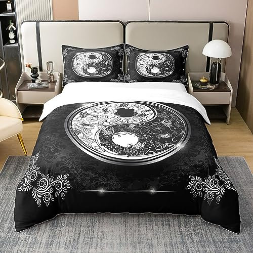Yin Yang 100% Baumwolle Bettbezug 135x200,Vintage Tai Chi Bettwäsche Set,Blumen Zweig Glänzende Tröster Abdeckung,Traditionelle Orientalische Kultur Bett mit 1 Kissenbezug Zimmer Dekor,Schwarz Weiß
