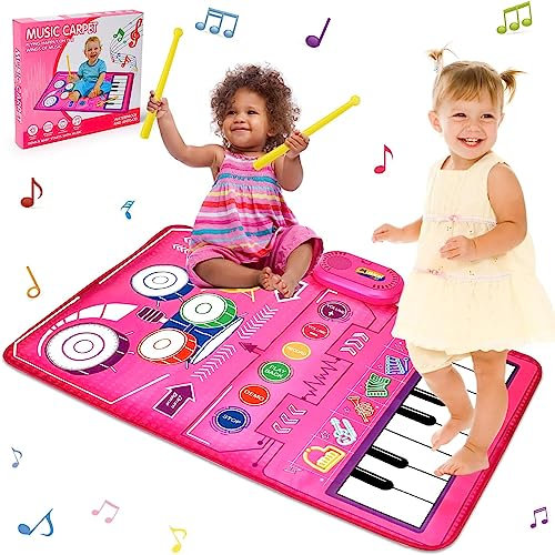 2 in 1 Musical Toys for Toddlers 1-3 - Piano Keyboard & Drum Mat, Music Sensory Play Mat for 1 Year Old Developmental Toddler Girl Toys (Pink)