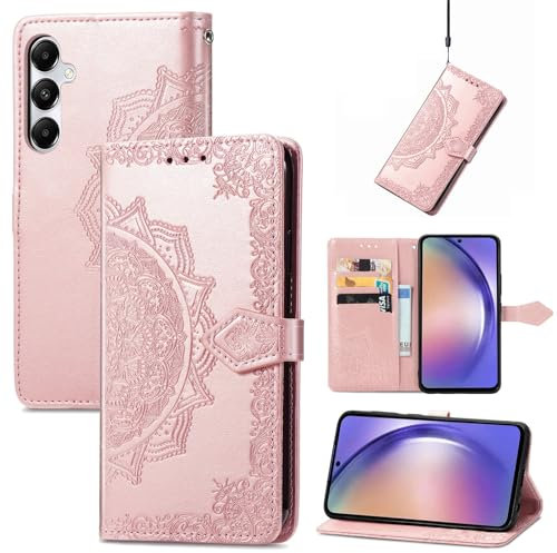 Fertuo Coque pour Samsung Galaxy A55 5G, Portefeuille Étui Housse en Cuir à Rabat avec Porte Carte, Chiusura Magnetica [Motif de Mandala] Flip Cover Case Antichoc pour Samsung Galaxy A55 5G, Or Rose
